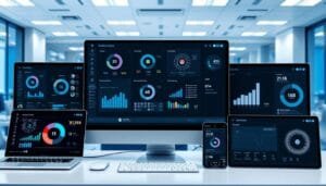 Diversas ferramentas de IA para produtividade 2025 mostradas em telas de computador e dispositivos móveis