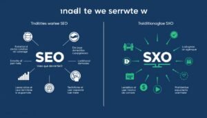 Comparação visual entre SEO tradicional e SXO mostrando a evolução do SEO ao SXO